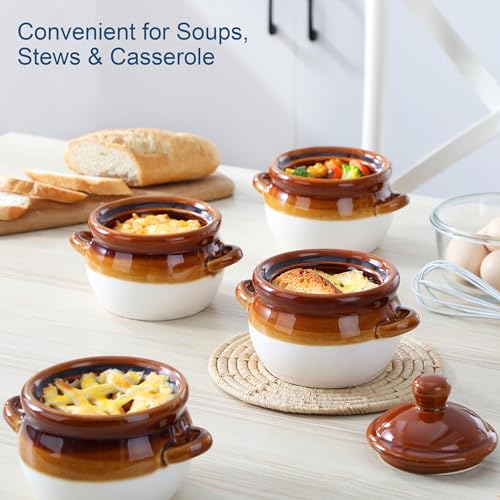 LOVECASA 22 OZ French Onion Soup Bowls with Lid, Porcelain Soup Crocks with Handles,Oven Safe Serving Bowls for Soup, Beef Stew, Cereal, Pot Pies, lasagna,Chilli,Set of 4