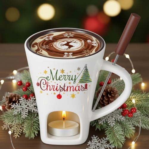 Honeydak Christmas Chocolate Fondue Mug with Fork 3 Candle Sweet Ceramic - color: White, style: Modern