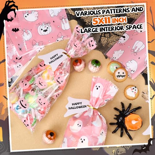 woric 100 Set Pink Ghost Halloween Treat Bags Cellophane Candy Bags - color: Pink Ghost