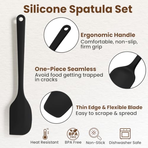 Silicone Spatula Set,9-Piece BPA Free Food Grade Heat Resistant Spatulas for Cooking Baking,Seamless One Piece Design,Non-Stick Safe,Dishwasher Safe,Withstands -104°F to 600°F（Black）