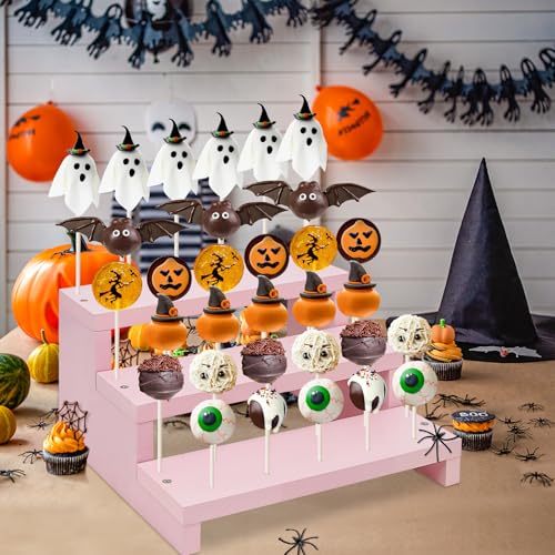 Wood Cake Pop Stands, 3 Tier Lollipop Holders with Twist Ties Lollipop Sticks, Sucker Display Riser for Dessert Table of Wedding Birthday Party (Pink-2P) - color: Pink-2P