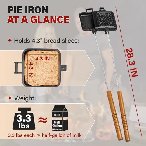 Mountain Pie Maker Cast Iron, Campfire Pie Iron, Hobo Pie Maker for Camping, 2-Pack