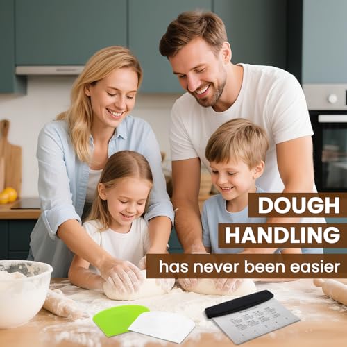 SCHVUBENR Dough Scraper Set with 2 Flexible Bowl Scrapers - Stainless Steel Dough Cutter & Bench Scraper with Measuring Scale - Versatile Kitchen Scraper for Bread, Pastry, Pizza, Cake - Black & Green - color: Black/Green