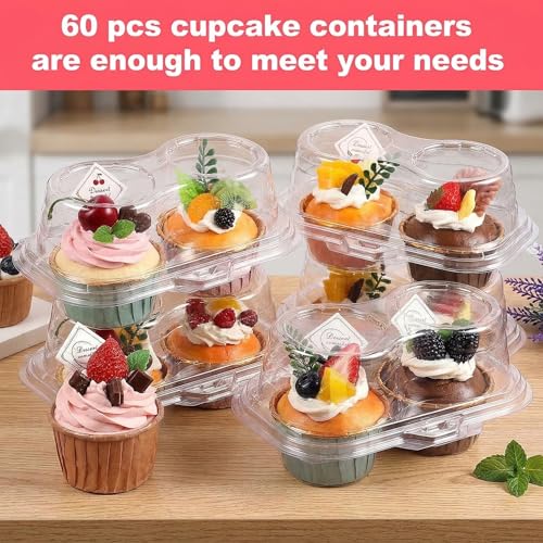 60 Pcs Cupcake Containers, 2 Compartment, Stackable