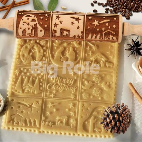 Christmas Embossed Rolling Pin for Baking Cookies Embossing Rolling Pins with Design Wooden Engraved Springerle Roller Pin Dough Patterned Clay Pottery Ceramic Bakers Women (Nativity Patterns) - color: Nativity