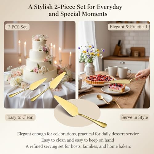 2-Piece Gold Cake Server & Pie Cutter Set, Stainless Steel with Gold Finish - color: Gold