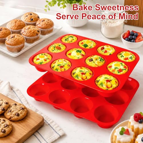 12 Cup Regular Size, Muffin Pans for Baking Nonstick 2 Pcs, Food-Grade Silicone Baking Molds for Baking & Cupcake Pan(red)