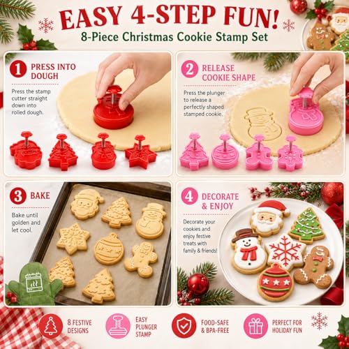 Christmas Themed MINI Cookie Cutter Embossing Mold Fondant Stamper Set - 8Pcs Plastic spring die Biscuits Pastry Cutter Set 3D Cookie Cake Plunger Cutter Baking Mould