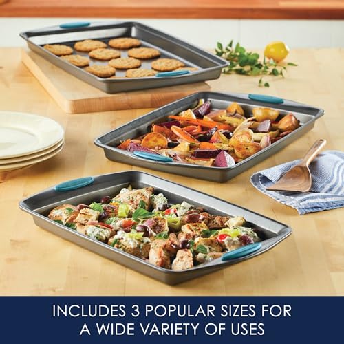 Rachael Ray Nonstick Bakeware Cookie Pan Set, Baking Sheets, 3-Piece, Gray - color: Agave Blue Grips