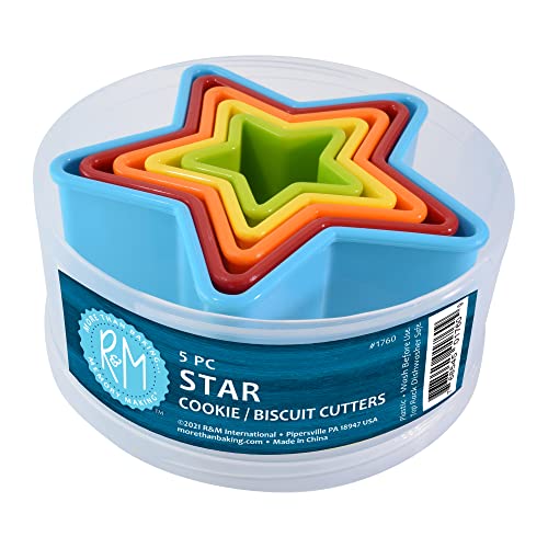 R&M Star Plastic Biscuit & Cookie Cutters 5-Piece Set - Multicolor Nesting Star Cutters 1.375" to 3.625" for Baking, Sandwiches & Fondant - style: Star