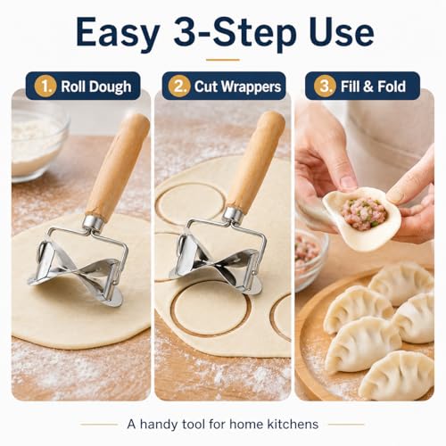 IMIKEYA Dumpling Wrapper Cutter, Dough Cutter Mold with Wooden Handle, Rolling Pastry Cutting Tool for Dumpling, Ravioli, Calzone, Empanada, Pierogi, Cookies, Biscuits