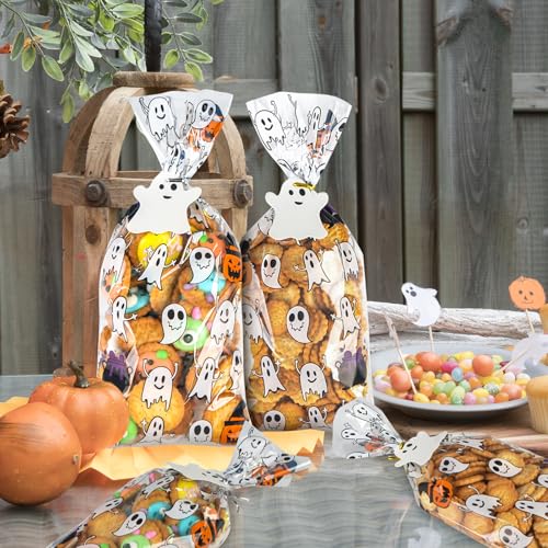 150PCS Halloween Ghost Cellophane Treat Bags, Clear Halloween Candy Bags