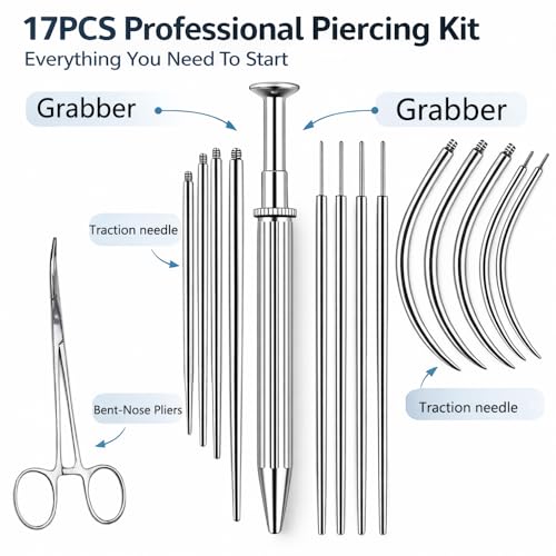 17PCS Piercing Insertion Tool, Stainless Steel Body Jewelry - color: Curved tweezers+Piercing Tapers