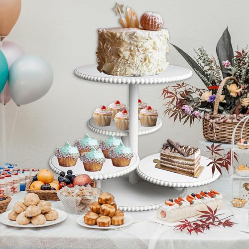 GENMOUS 2PCS 3 Tier and 4 Tier Beaded Cupcake Stand Set for Birthday Party Decor,Rustic Wooden Cupcake Tower Stands for 74 Cupcakes,White Cupcake Tiered Stand Display for Wedding Baby Shower Tea Party
