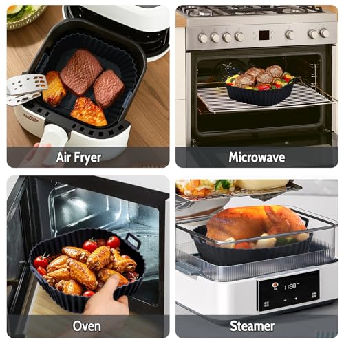 Komzon Silicone Air Fryer Liners Reusable 3 PCS, Airfryer Liners, Silicone Air Fryer Basket Liners Square, Food Grade AirFryer Accessories 4-7 QT, Ktchen Gadgets for Pot Oven Liner Baking Tray Pan - color: Black