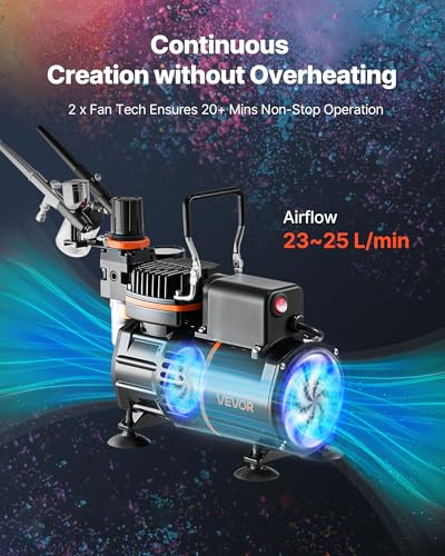 VEVOR Airbrush Kit, 1/6 HP, Air Brush Kit with Air Compressor, 3 Dual-Action Professional Airbrushes with 3 Tips, Hose, Acrylic Paint, 2 Fans, Low Noise, for Cake Decorating, Model Painting, Nail Art - color: 6 Colors Set