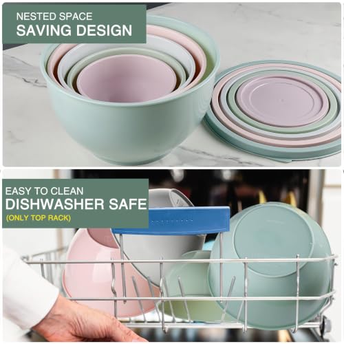 Greentainer Plastic Mixing Bowls with Lids Set for Kitchen, 5 Set Nesting Bowls for Mixing, Baking, Prepping, Cooking and Serving Food, Mixing Bowls Dishwasher, Microwave Safe - color: Pink