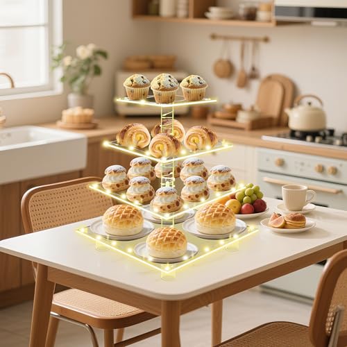 Cupcake Stand 4 Tier Acrylic Cupcake Tower with Yellow LED String Lights - color: Yellow Light, size: 4 Tier