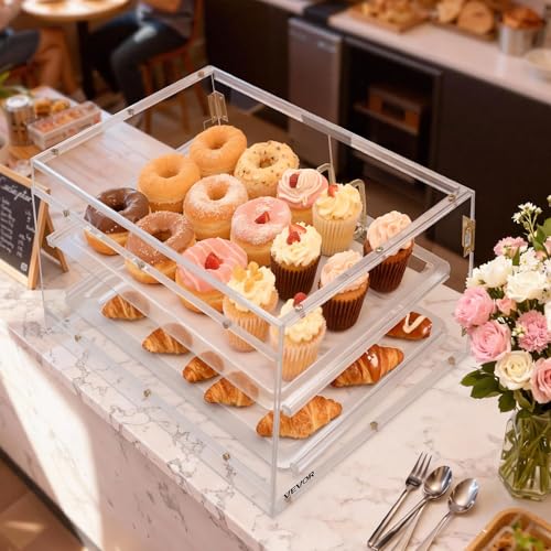 VEVOR Bakery Display Case, 2-Tier Commercial Countertop Pastry Display Case, Clear Acrylic Bread Box for Kitchen, Party Cake Cabinet with Magnetic Rear Door for Cookie Dessert Donut, 20.7"x15.7"x12" - size: 2-Tier