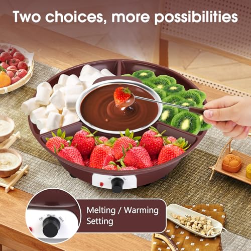 Electric Chocolate Melting Pot Chocolate Fondue Pot Set 3-Section Serving Trays with 6pcs Dipping Forks Perfect for Housewarming Christmas Party Gifts (Brown) - color: Brown