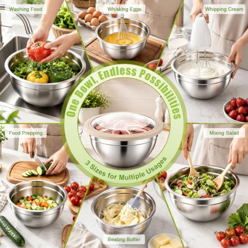 P&P CHEF Stainless Steel Mixing Bowls with Visible Airtight Lids, Khaki - color: Khaki, style: Visible Airtight Lids