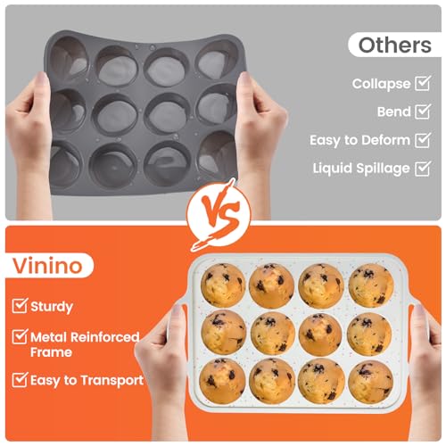 Vinino 2Pack Silicone Muffin Pan for Baking with Metal Reinforced Frame, 12 Cup Regular Size Cupcake Pan, BPA Free Silicone Muffin Tray, Cupcake Baking Pan Bite Molds for Oven Dishwasher Safe - size: Standard