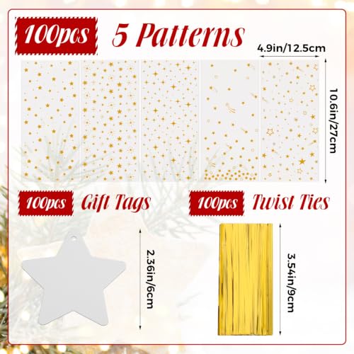 woric 100 Set Cellophane Treat Bags Golden Star Printed - color: Gold Star
