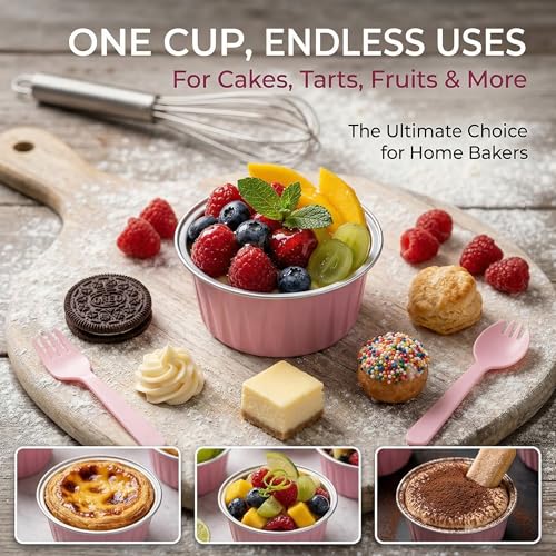 100Pcs Mini Aluminium Foil Baking Cups with Lid and Spoon Disposable(Pink) - color: Pink