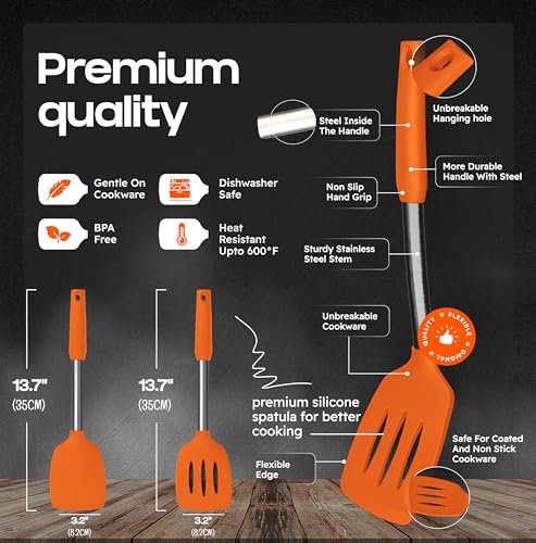 BakeRoyal Silicone Spatula Set - Turner Spatulas Silicone Heat Resistant 600°F - Slotted & Solid Silicone Spatulas for Cooking Fish, Eggs, Pancakes Flipper – Silicone Cooking Utensils Set – Orange - color: Orange