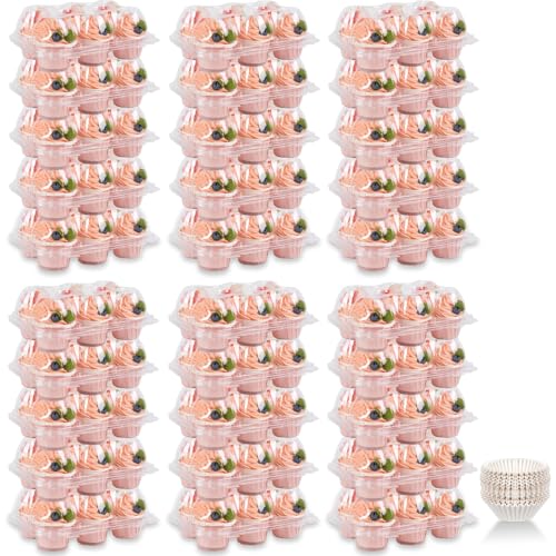 Mini Cupcake Container Boxes Holder - 6 Counts Carrier with 200 Pack Liners