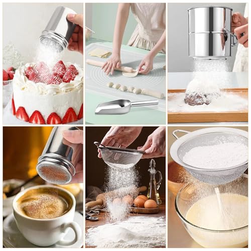 Stainless Steel 5 Cup Flour Sifter, 4 in 1 Baking Sifter with Powder Sugar Shaker Duster, Strainers Fine Mesh and Metal Scoop, Fine Sifter for Baking Cakes, Pies, Cupcakes, Desserts