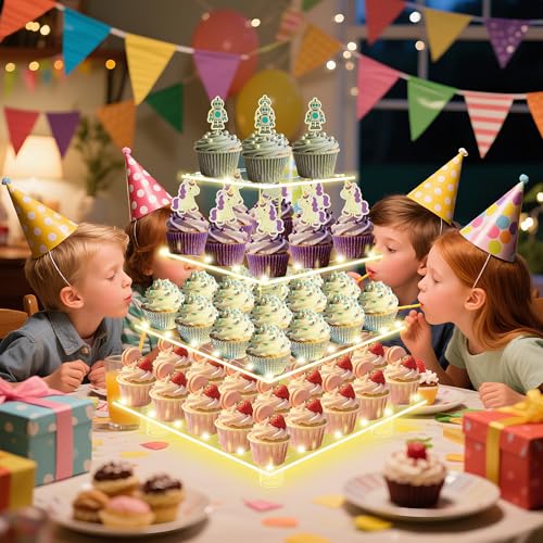 Cupcake Stand 4 Tier Acrylic Cupcake Tower with Yellow LED String Lights - color: Yellow Light, size: 4 Tier