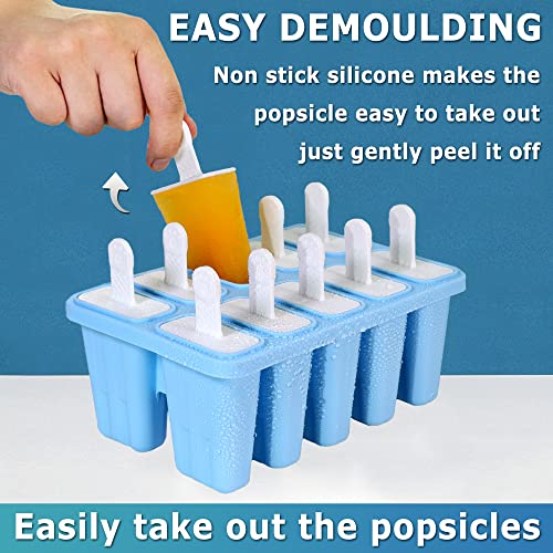 Silicone Popsicle Molds 10-cavity, DIY Ice Pop Mold for Kids Adult Teens, BPA Free Ice Cream Molds for Party Yogurt Juice Smoothies Sticks - color: Blue-10 cavity