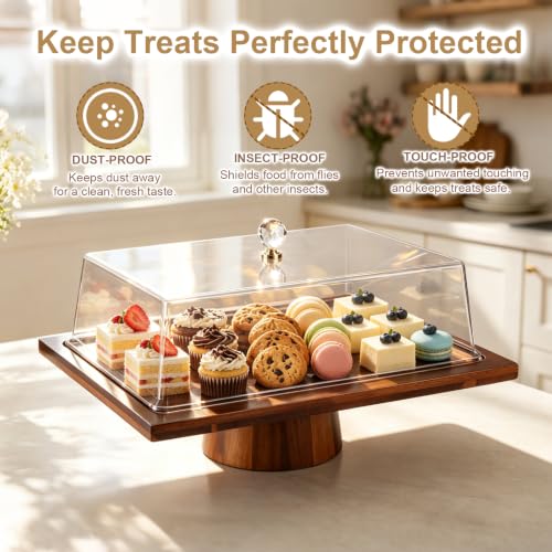 OUEST 17” Rectangular Acacia Wood Cake Stand with Shatterproof Acrylic Lid