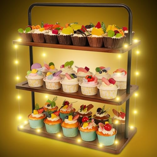Mehani 3-Tier Wooden Cupcake Stand with LED Light Dessert Tower Holder Wood