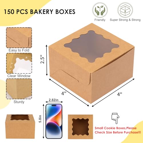TOMNK 150pcs Small Cookie Boxes with Window, 4x4x2.5In Cookie Packaging - color: Brown