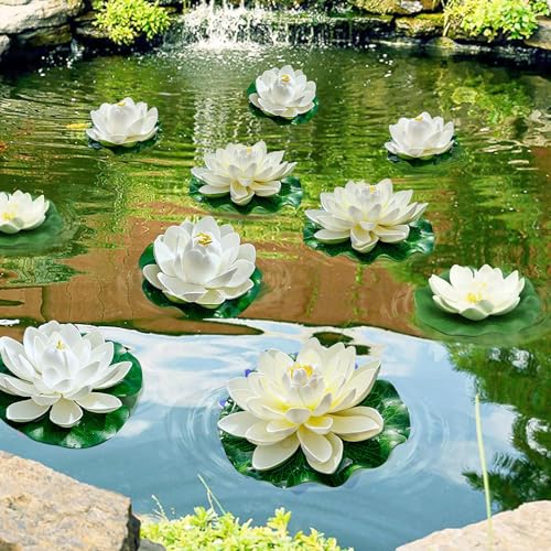 9PCS Artificial Floating Foam Lotus Flowers with Artificial Lotus Leaves: Lily Pads for Lake - Pond Plants Ornaments for Pool Aquarium Water Decoration, White