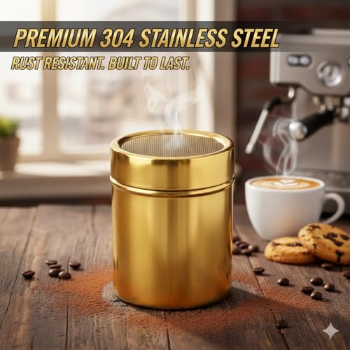 Gold Powder Sugar Shaker Duster with Fine Mesh - 304 Stainless Steel Cinnamon Dispenser for Coffee, Chocolate, Flour, Spices - Screw-On Lid Dredge for Baking (2 Pack) - color: 2 Pack