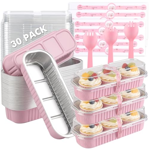 30 Pack Mini Loaf Cake Pan with Lids and Spoons, 6.8oz Small Disposable Aluminum Cake Tin Foil Pans, Rectangular Mini Loaf Bread Pans with Lids for Baking,Party,Picnics,Holidays (Pink) - color: Pink, size: 30 Pack