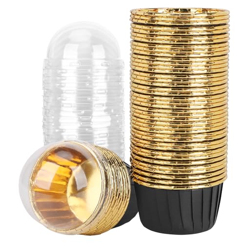 EUSOAR Disposable Ramekins with Lids, 3.5oz 50pcs Black Gold Mini Foil Muffin Cupcake Liners with Clear Lid, Aluminum Dessert Containers Baking Cups with Lids for Wedding Birthday Party Picnic - color: Black/Gold, size: 50pcs