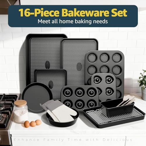 16-Piece Baking Pan Set, Nonstick Bakeware Set with Rack, Baking Sheet Set - size: 16PCS