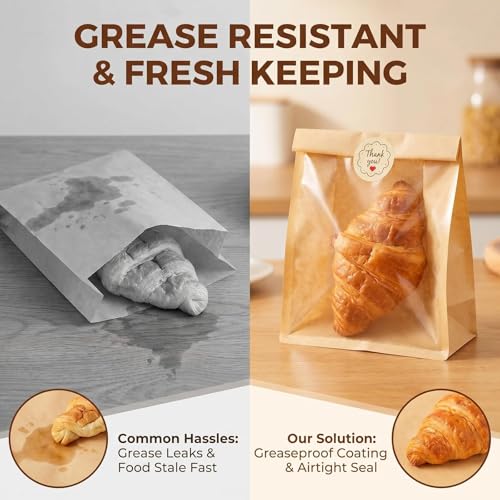 100Pcs Brown Paper Cookie Bags with Stickers & Window 5x6.5 inch - size: 14.5X16.5CM