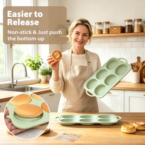 Green Silicone Egg Pans for Baking：2 Pack 4 Inch Egg Muffin Pan with Frame - color: Green