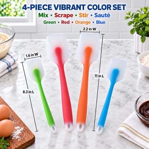 HiramWare Silicone Spatula Set of 4, Heat Resistant, Food Grade - size: 2 Large(Orange, Red) + 2 Small(Blue, Green)