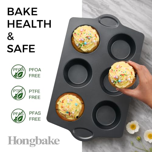 HONGBAKE Nonstick Jumbo Muffin Pan, 2 Pack Large Cupcake Tin with 120pcs Muffin Liners, Cup Cake Tray for Baking, 3.5dia, 6 Cup, Premium, Extra Thick