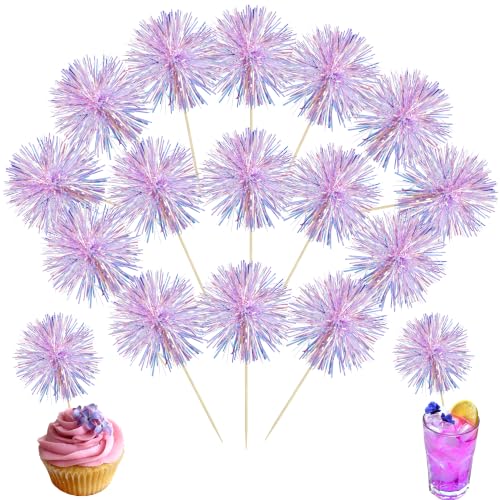 Ephlyn 30Pcs Foil Firework Cupcake Toppers Party Birthday Cake Toppers Supplies Sparkle Tinsel Cocktail Fruit Toothpick for Birthday Wedding Graduation Party Purple - color: Purple, style: Style 2