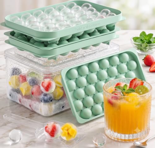 Ice Cube Tray with Lid and Bin, 64 Pcs Mini Round Ice Ball Molds for Freezer with Scoop, 0.8 Inch Sphere Maker, Easy Release Silicone Base, for Coffee, Cocktails (2 Pack, Fresh Green)