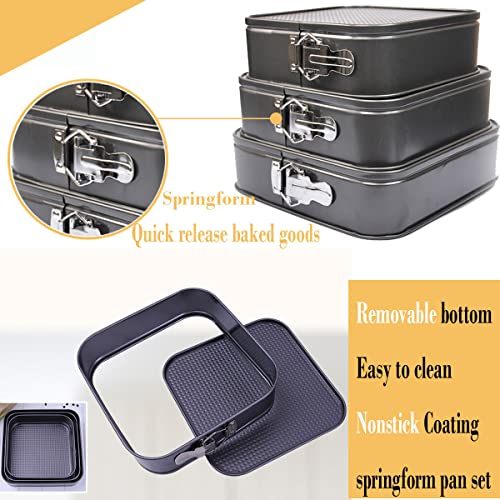 Lemengtree Springform Pan,3 Pcs Non-stick Square 8 inch/9 inch/10 inch Bakeware,Cheesecake Cake Pan with 50 Pcs Parchment Paper Liners(3 Pieces)