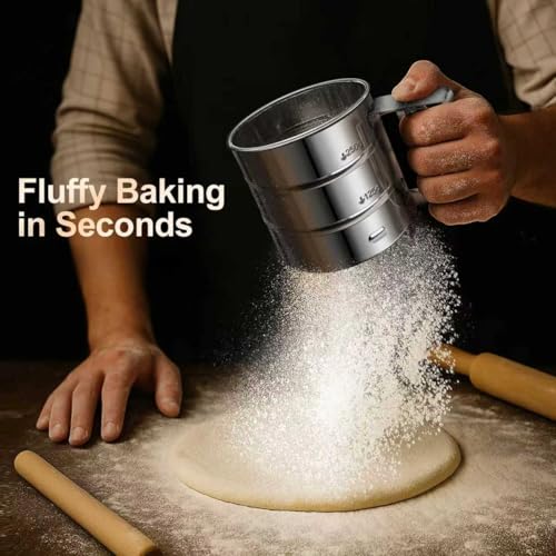 Upgraded Flour Sifter for Baking, One-Hand Press 3-in-1 Sifter with Double