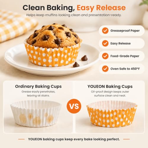 YOUEON 600 Pcs 3.5 In Jumbo Cupcake Liners Greaseproof, 6 Oz Large Paper Baking Cups Non-Stick, Jumbo Muffin Liners for Muffins, Cupcakes, Brownie, Quiche, Mini Snacks, Recyclable, 3 Pattern